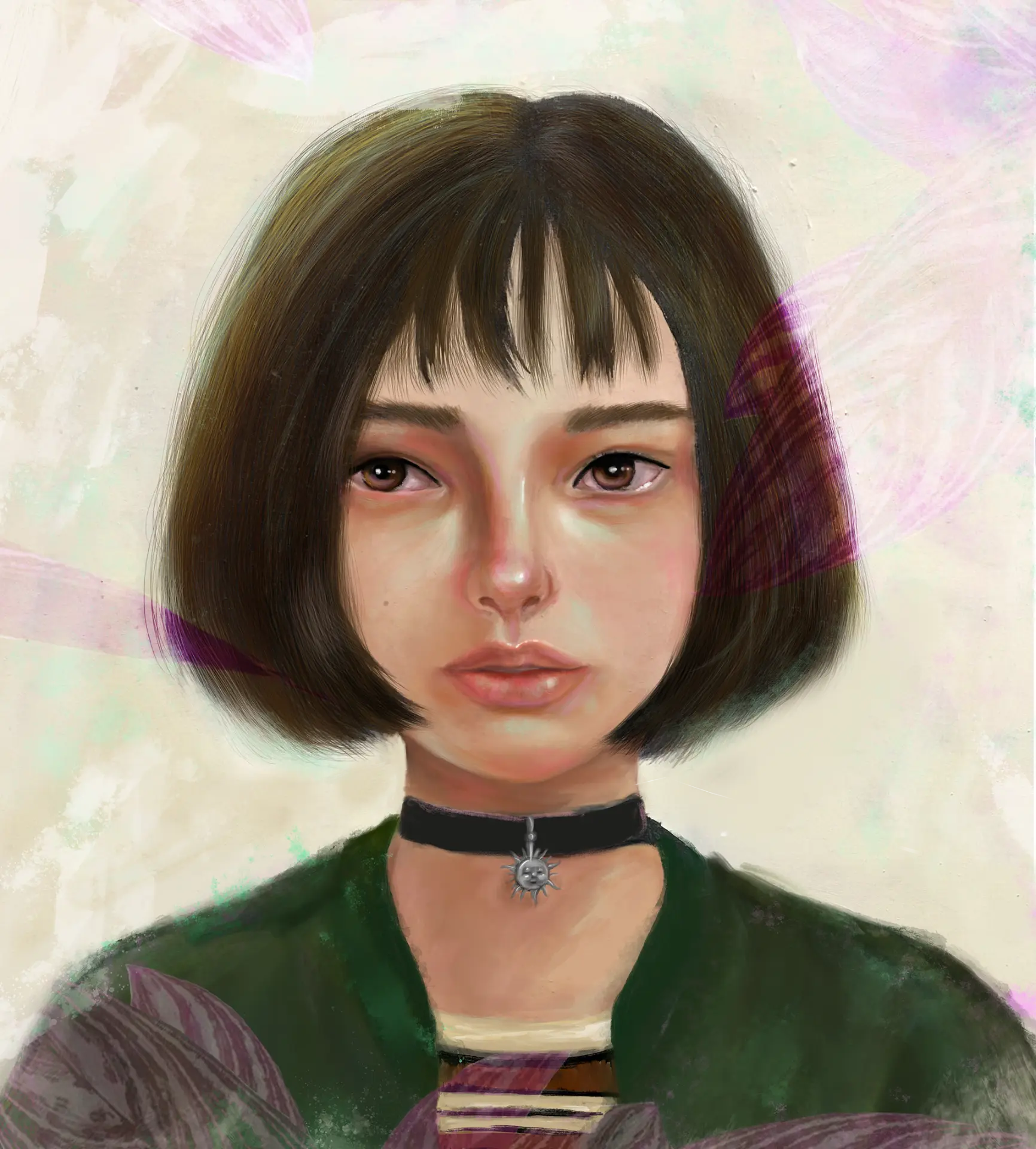 Digital portrait of a young woman with a dark bob and floral textures