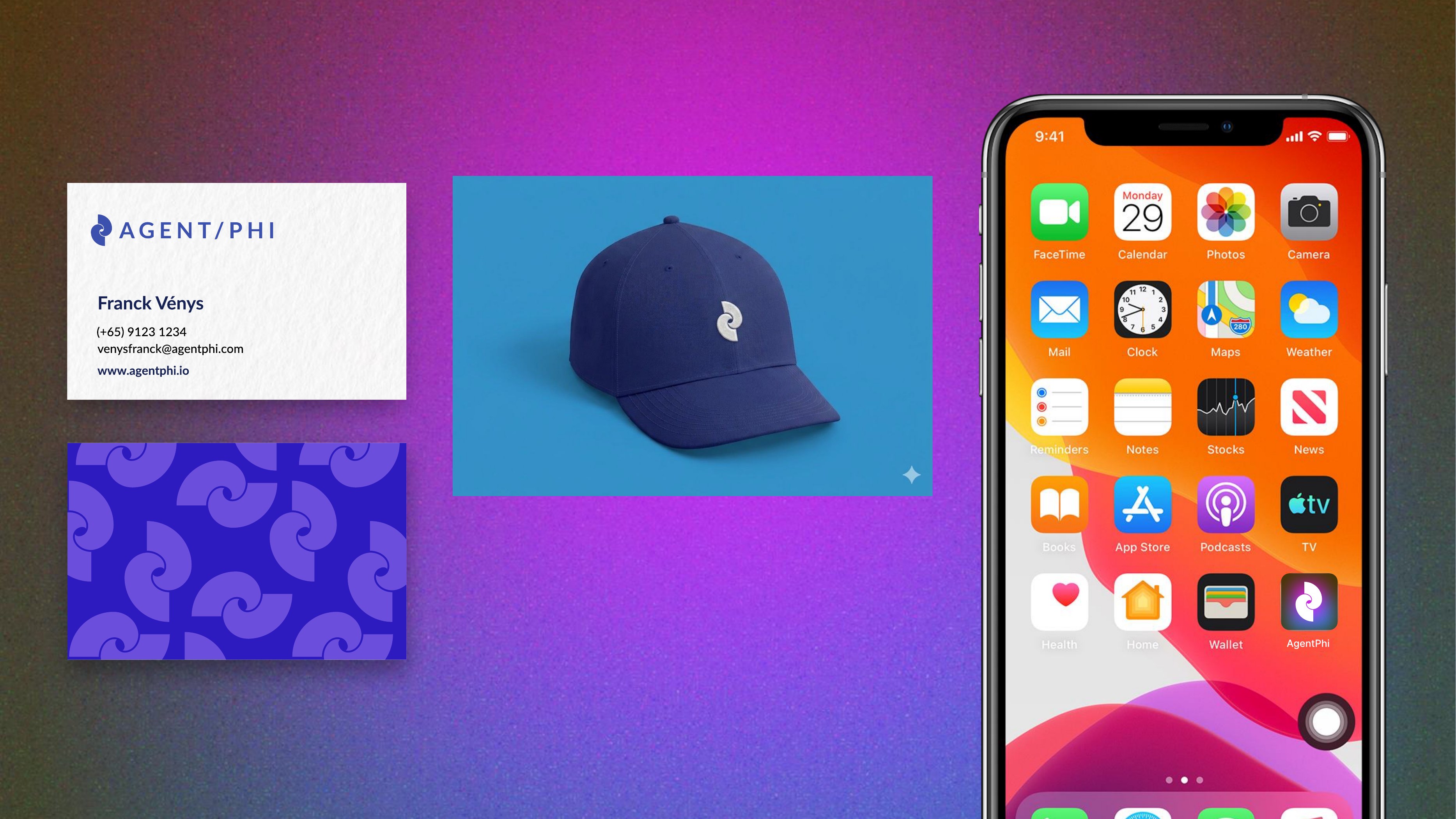 Agent Phi identity applied to stationery, pattern, cap and mobile app icon
