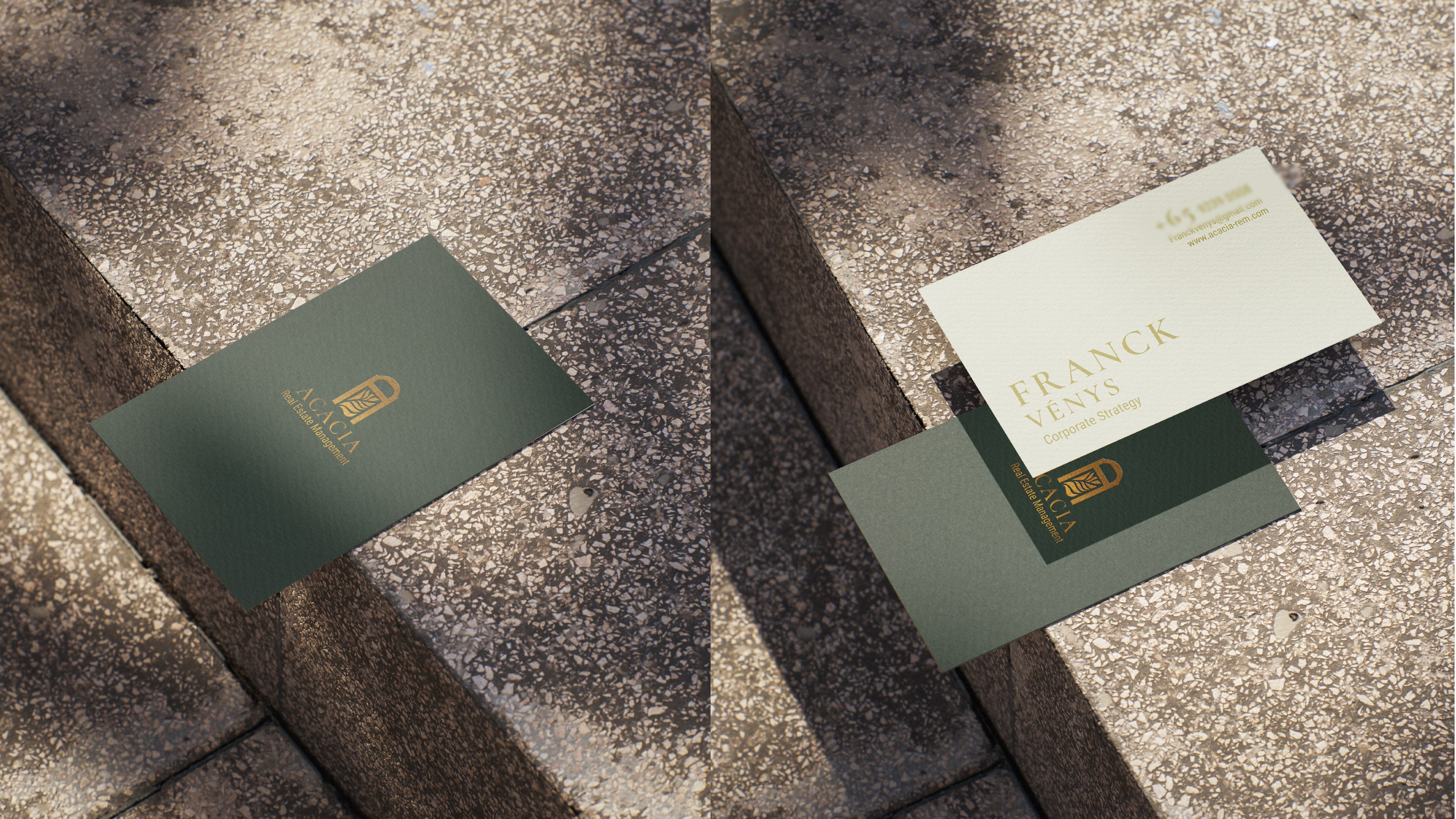 Acacia green and ivory business cards photographed on stone steps
