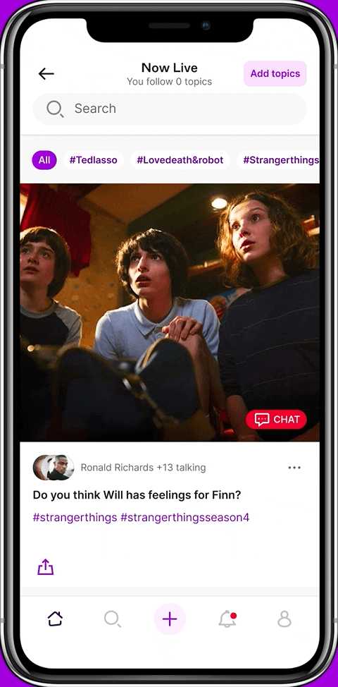 Aaqua Now Live discovery feed with passion tags for finding live conversations