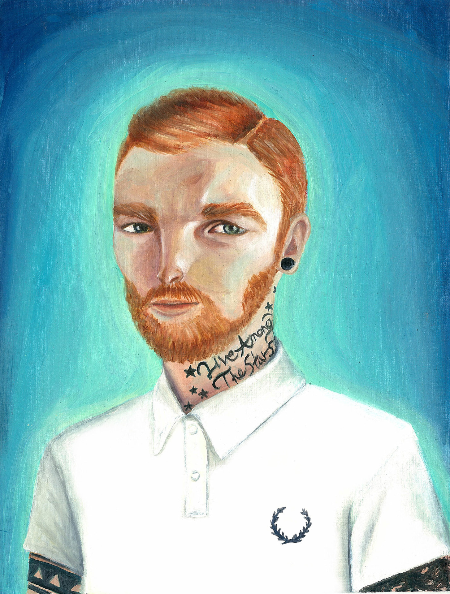 Painted portrait of a red-haired man against a vivid blue background