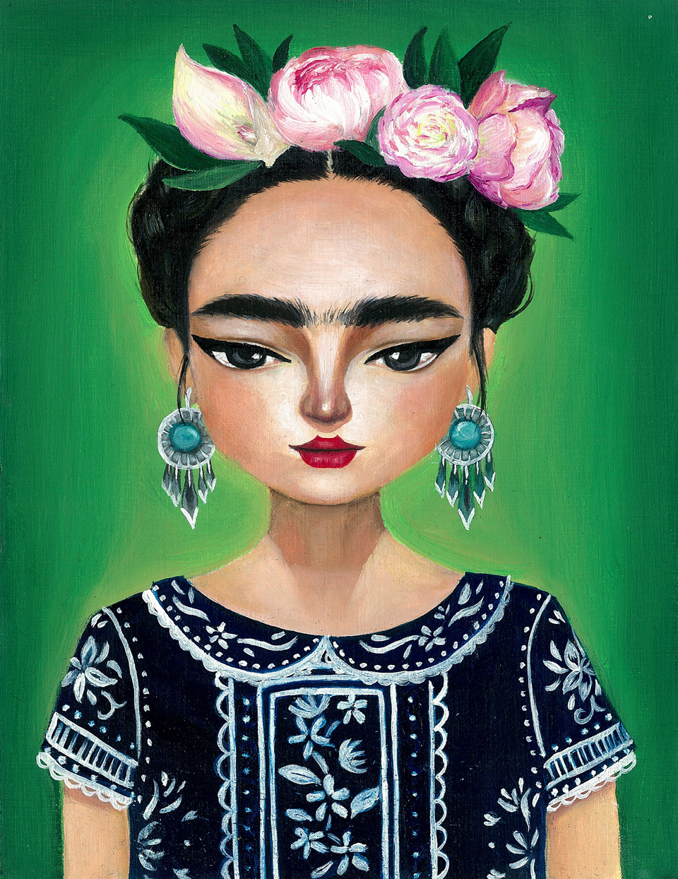 Painted portrait inspired by Frida Kahlo with flowers and green backdrop