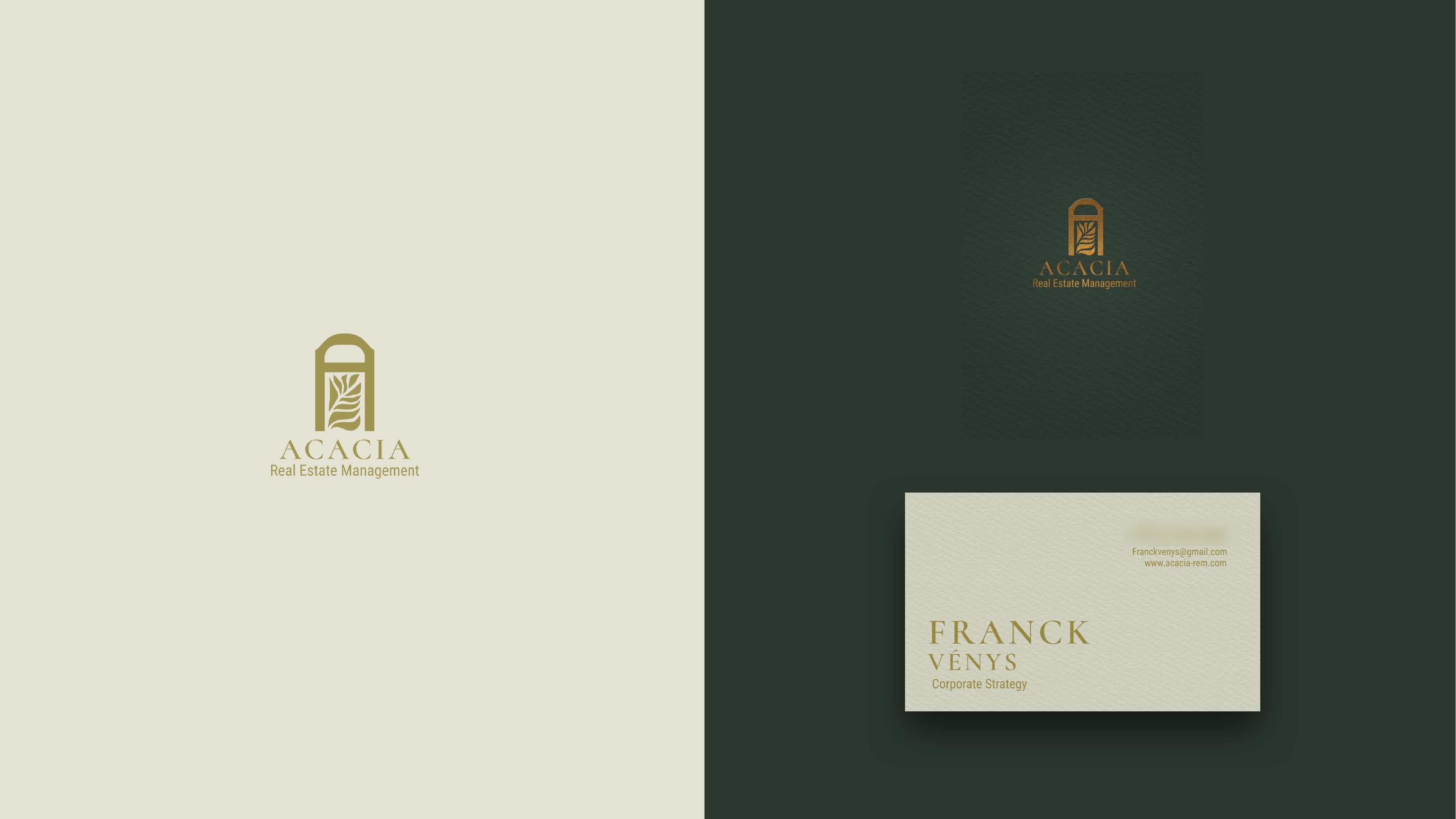 Acacia logo lockups and stationery on ivory and green backgrounds