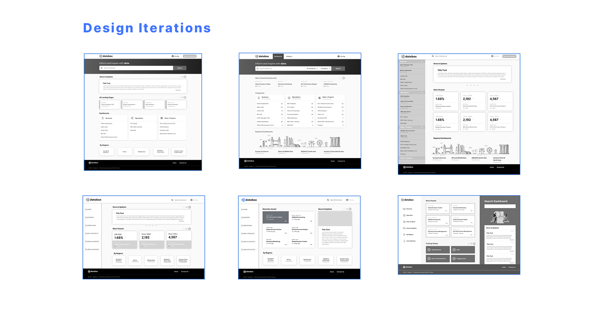 Six design iteration explorations of the Databox home page