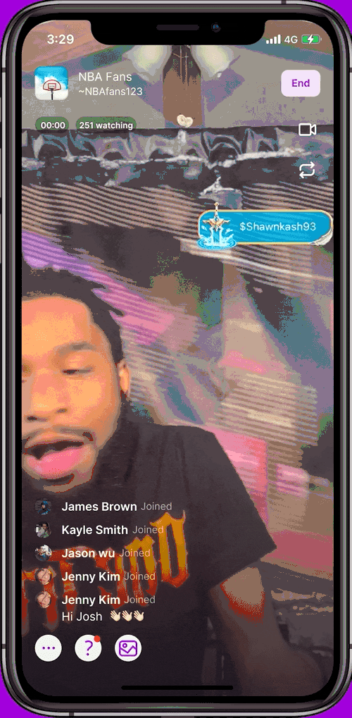 Aaqua live stream with audience join notifications, comments and reactions