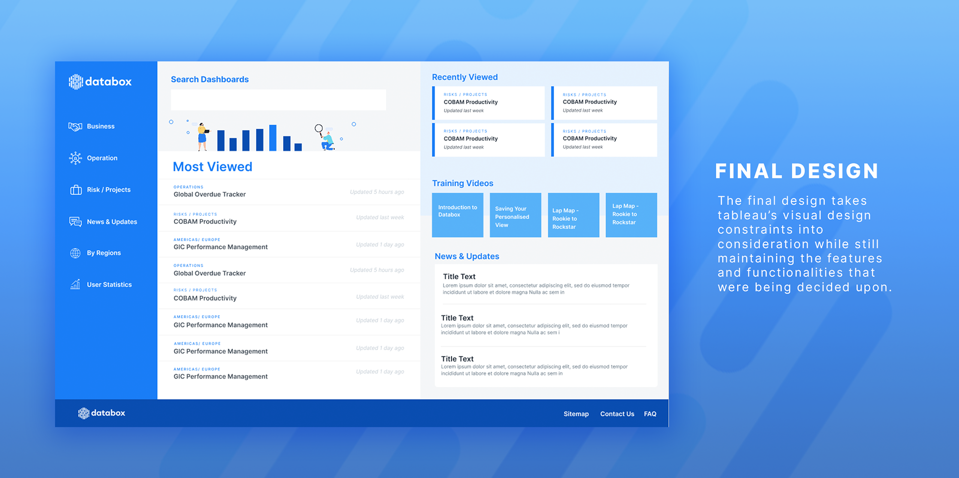 The final Databox home design with search, most viewed dashboards and training videos