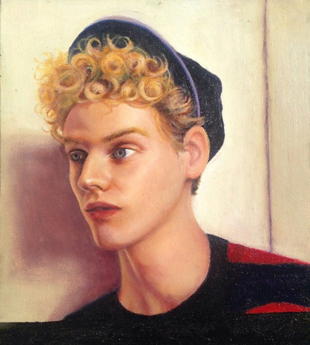 Painted portrait of a young man with curly blond hair and a dark cap