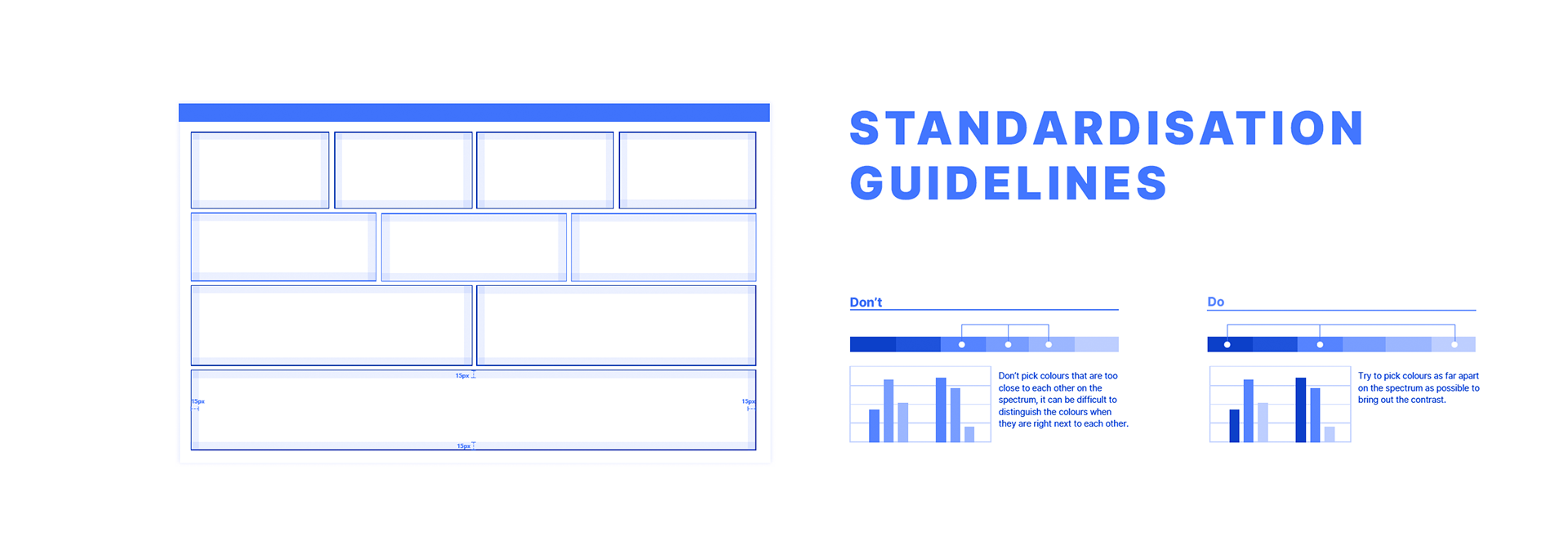 Standardisation guidelines showing layout spacing and colour contrast do's and don'ts