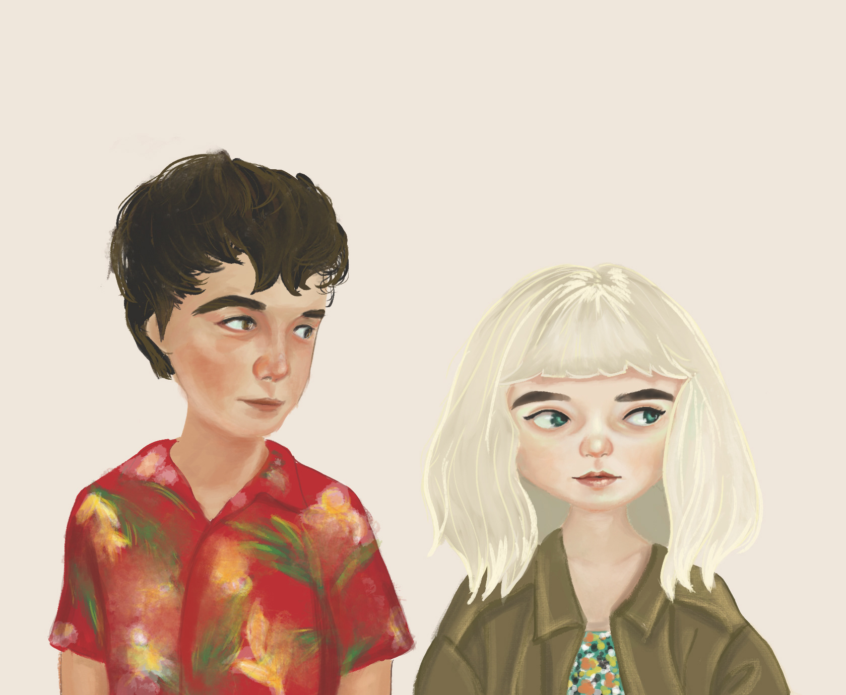 Digital illustration of two stylised characters glancing toward each other