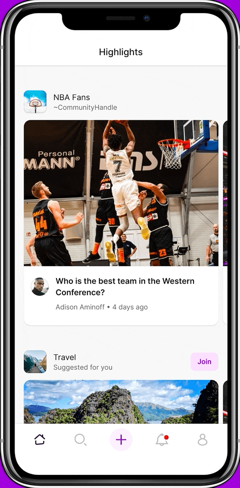 Aaqua Highlights feed showing suggested community content like NBA Fans and Travel